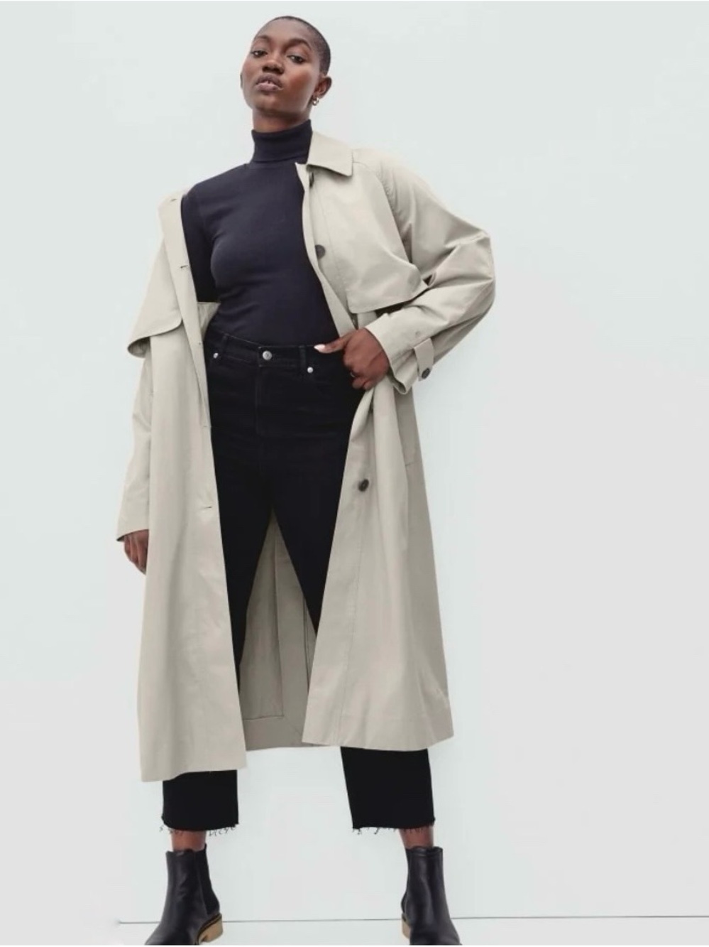 Everlane The Long Mac Coat Stone Khaki M 100% Cotton Maxi Trench Oversized $228